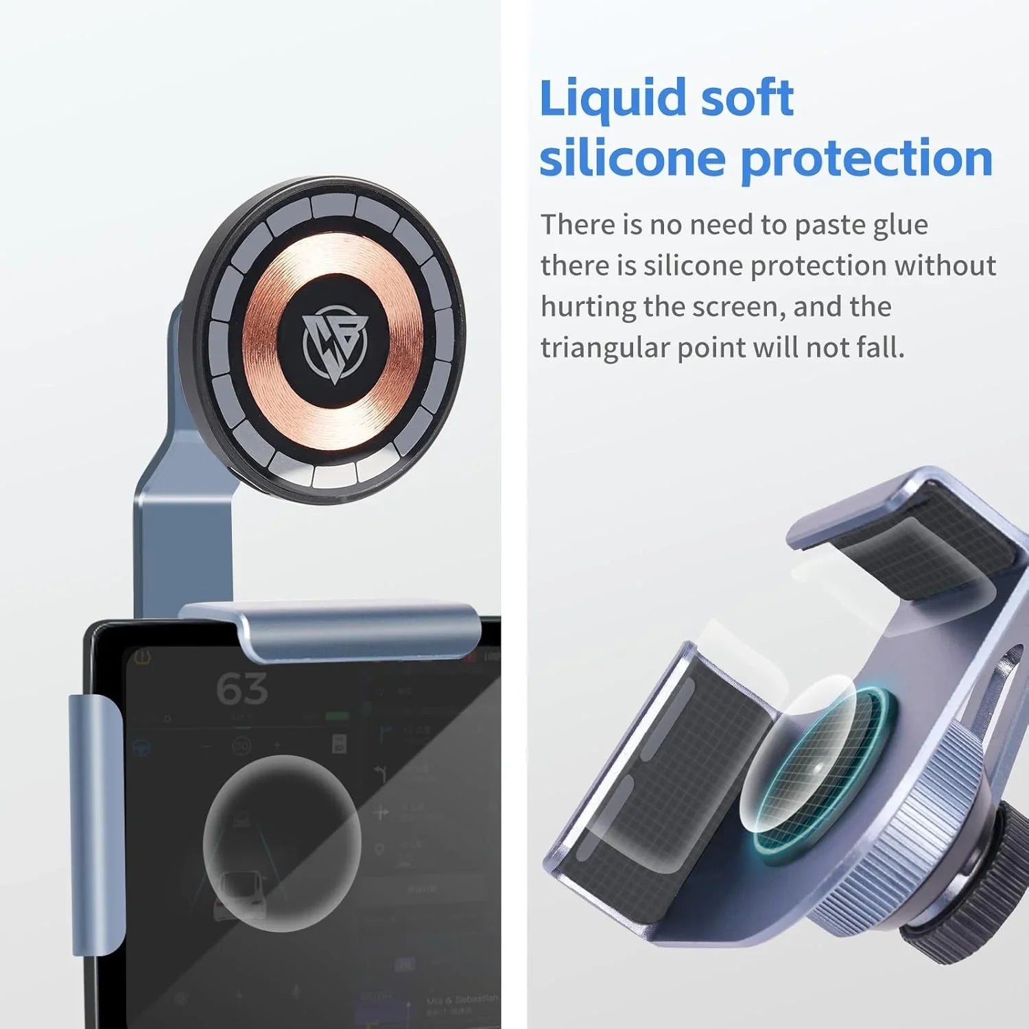 Magnetic car phone mount with liquid soft silicone protection, secure grip, no glue needed