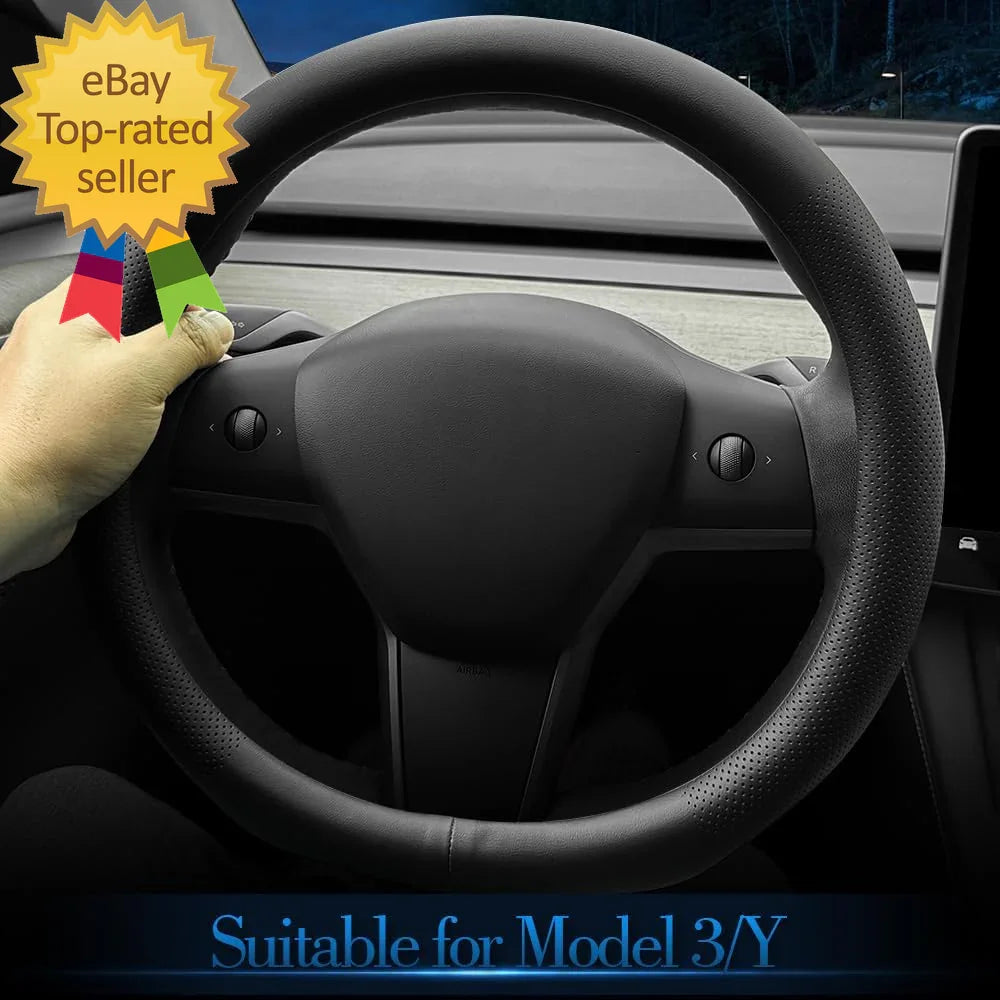Black perforated steering wheel cover for Tesla Model 3/Y, eBay top-rated seller