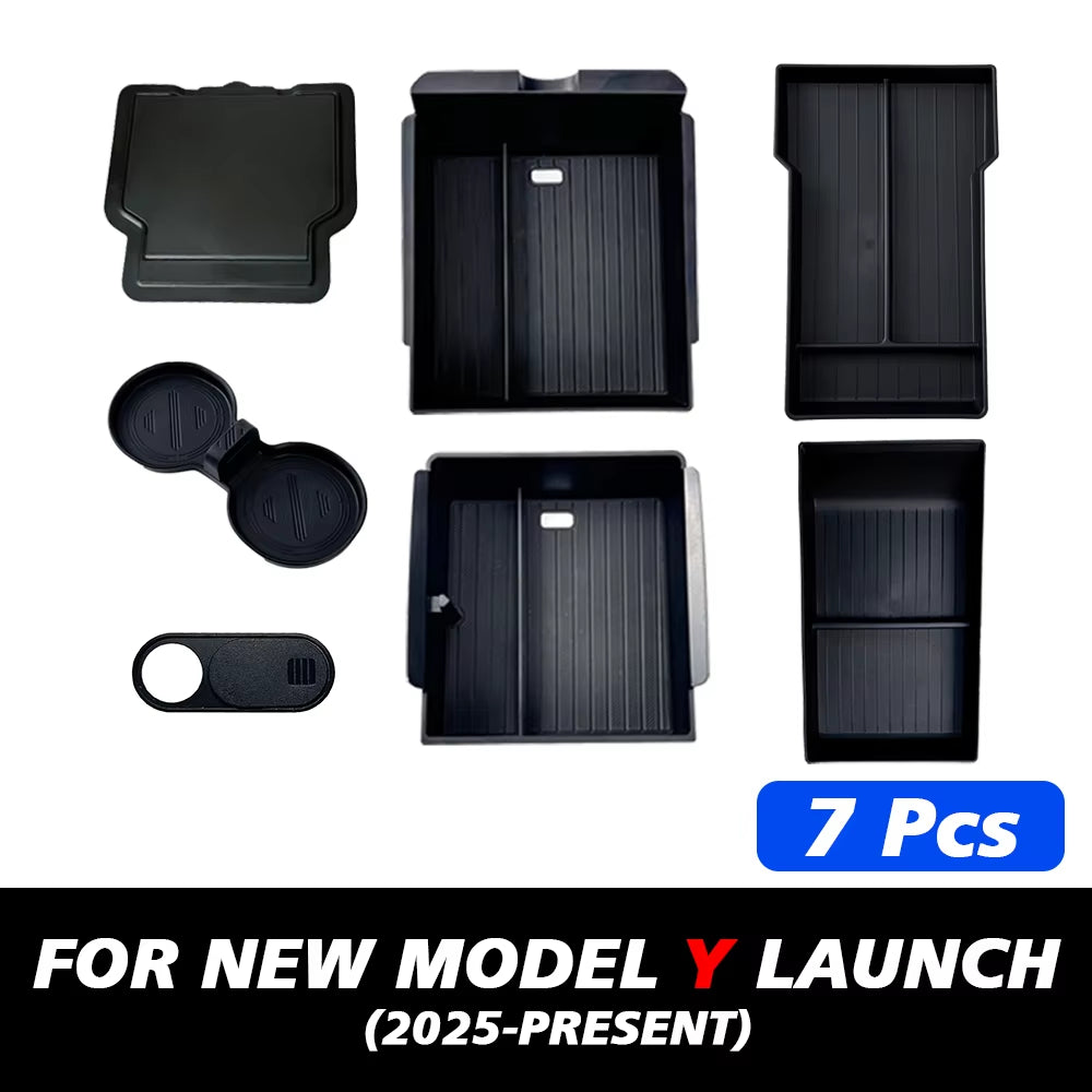 1/2/3/4/6/7/8Pcs for Tesla New Model Y 2025 Launch Juniper ABS with Silicone Non-Slip Mat Console & Armrest Storage Box Watercup