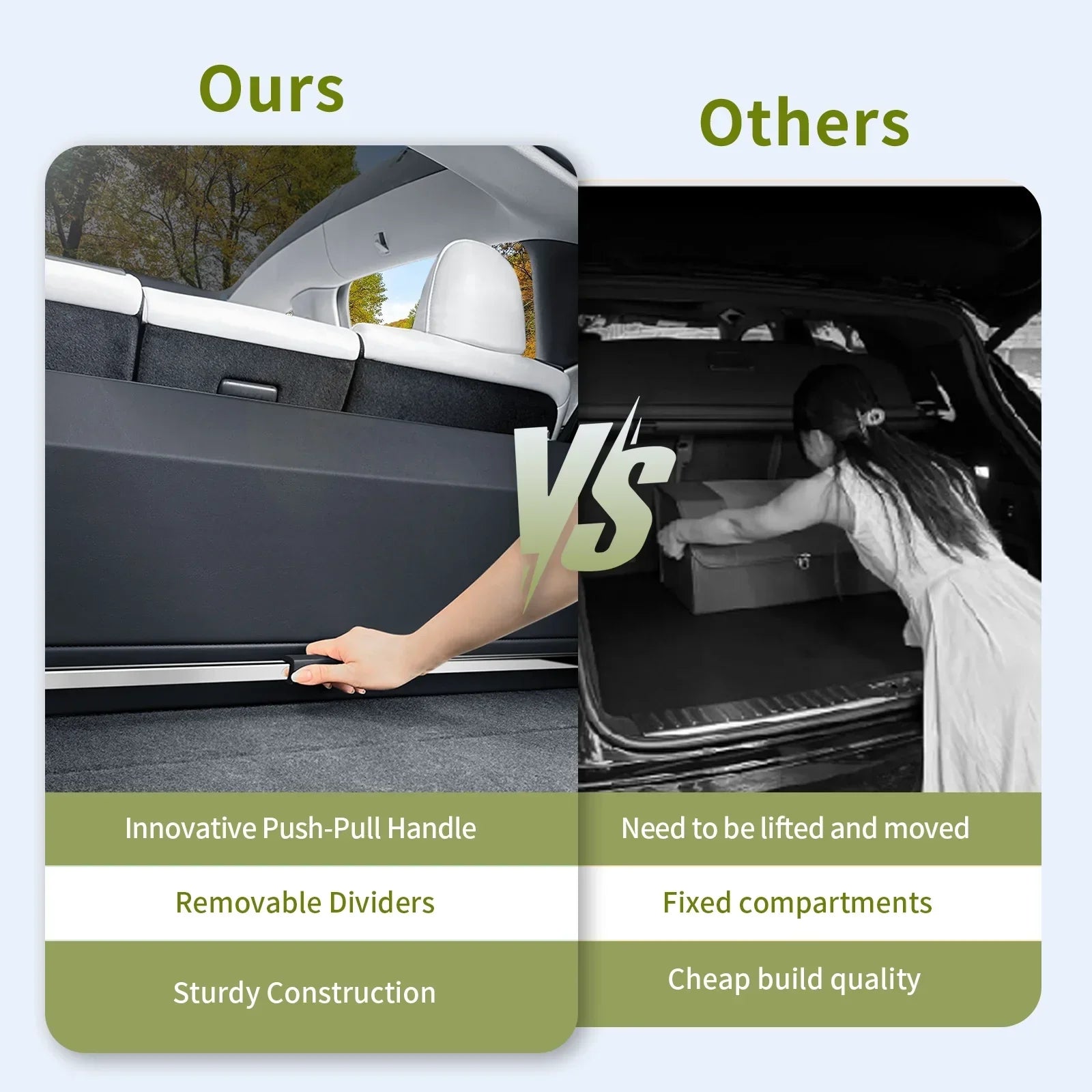 Car trunk organizer comparison: ours vs others, showing push-pull handle, removable dividers, sturdy build