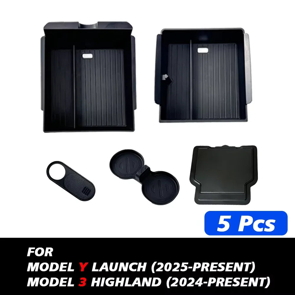 5-piece black center console organizer set for Tesla Model Y Launch & Model 3 Highland, 2024-2025+
