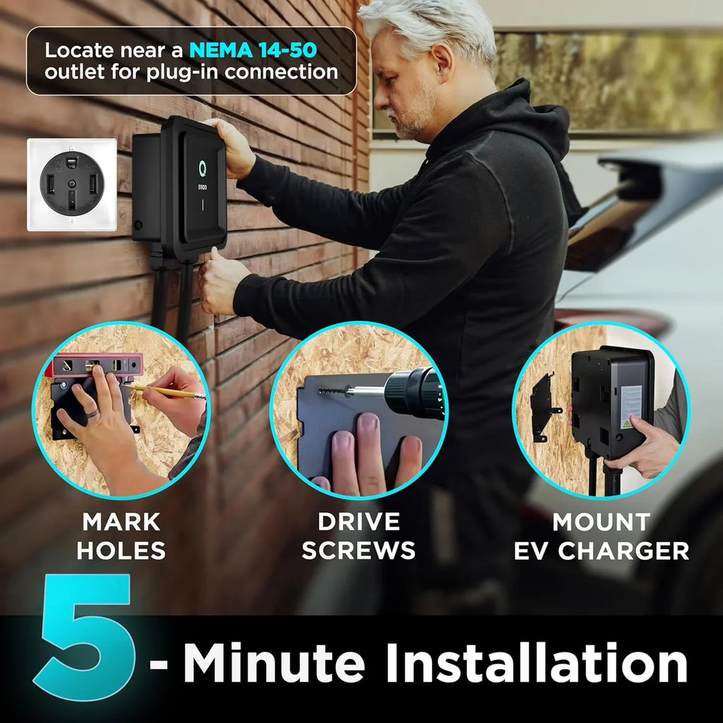 Man installing EV charger near NEMA 14-50 outlet in 5 minutes with easy mount steps