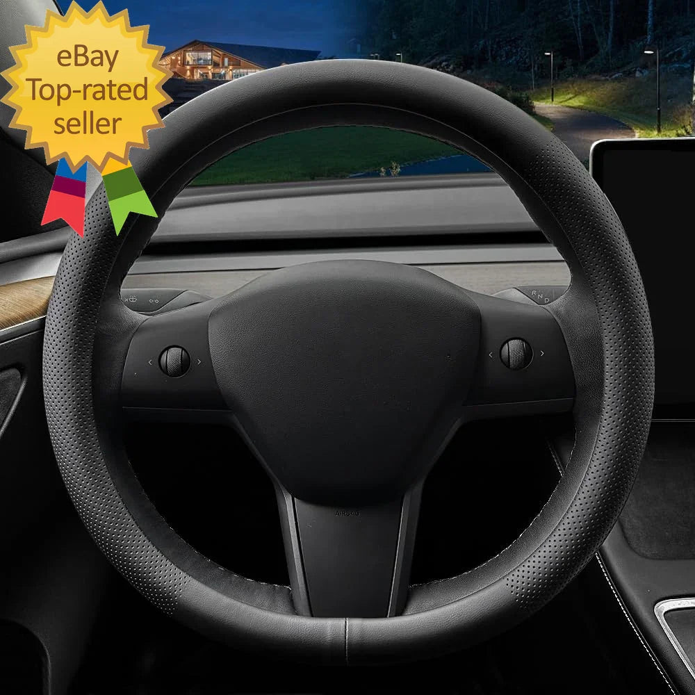 Black perforated leather steering wheel cover for modern car interior, eBay top-rated seller