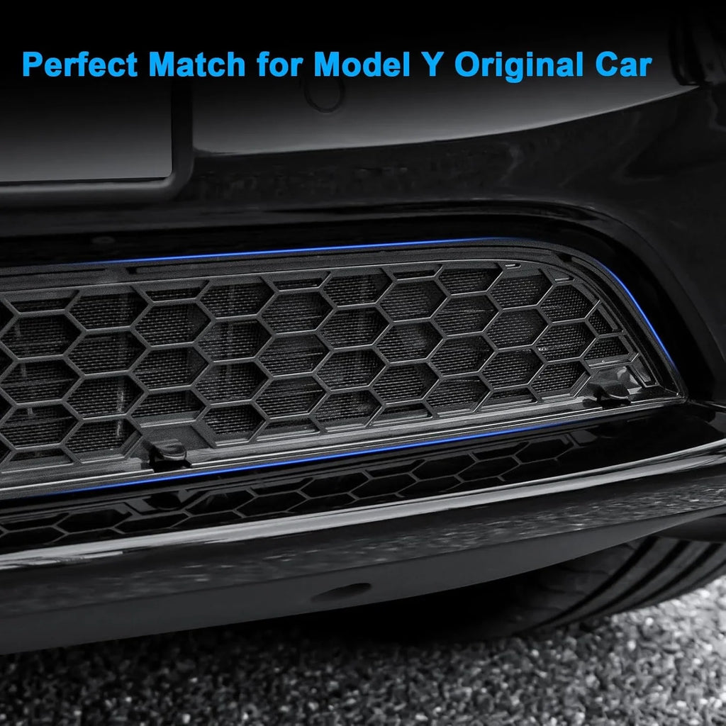 Black honeycomb front bumper grille with blue trim for Tesla Model Y, perfect fit for original car design