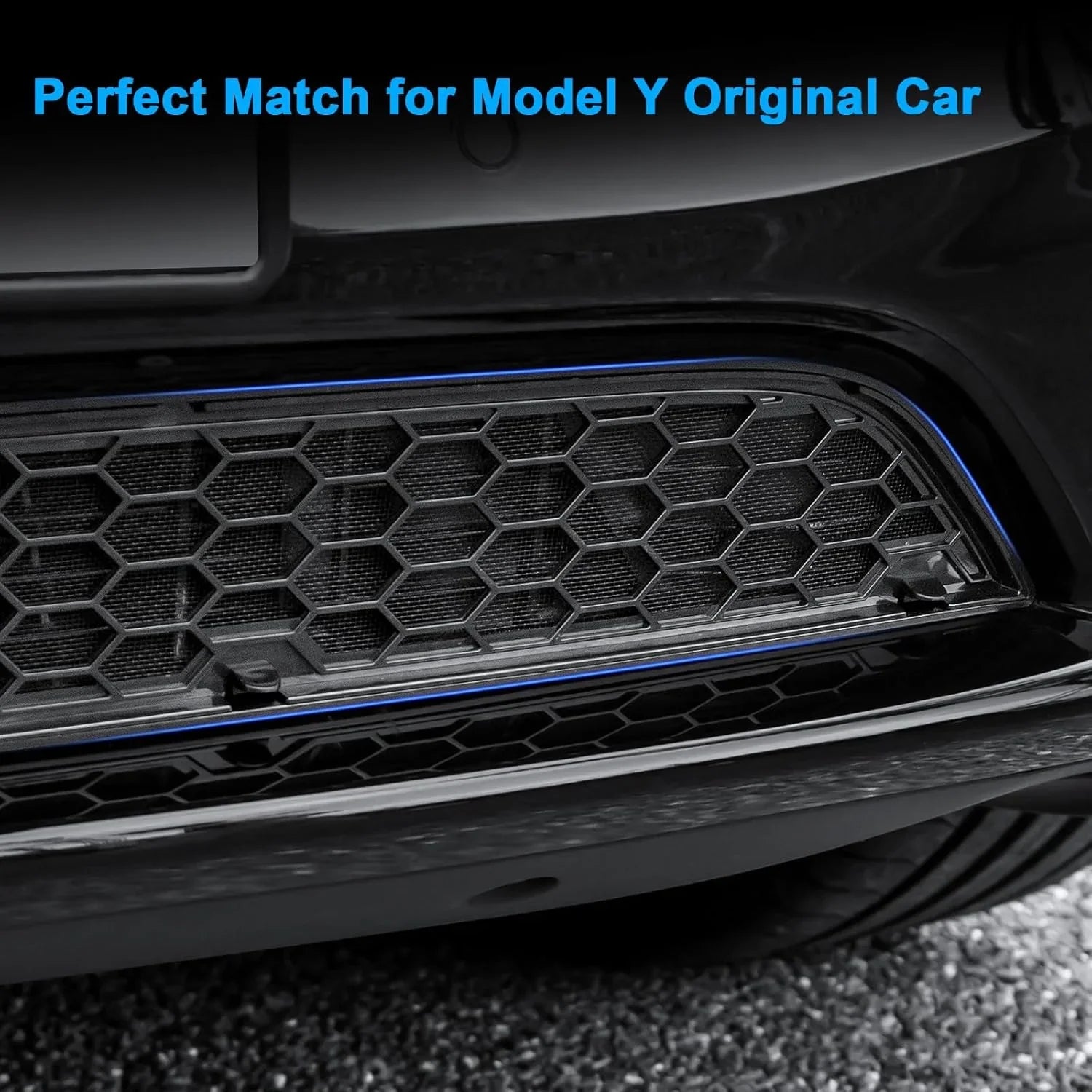 Black honeycomb front bumper grille with blue trim for Tesla Model Y, perfect fit for original car design