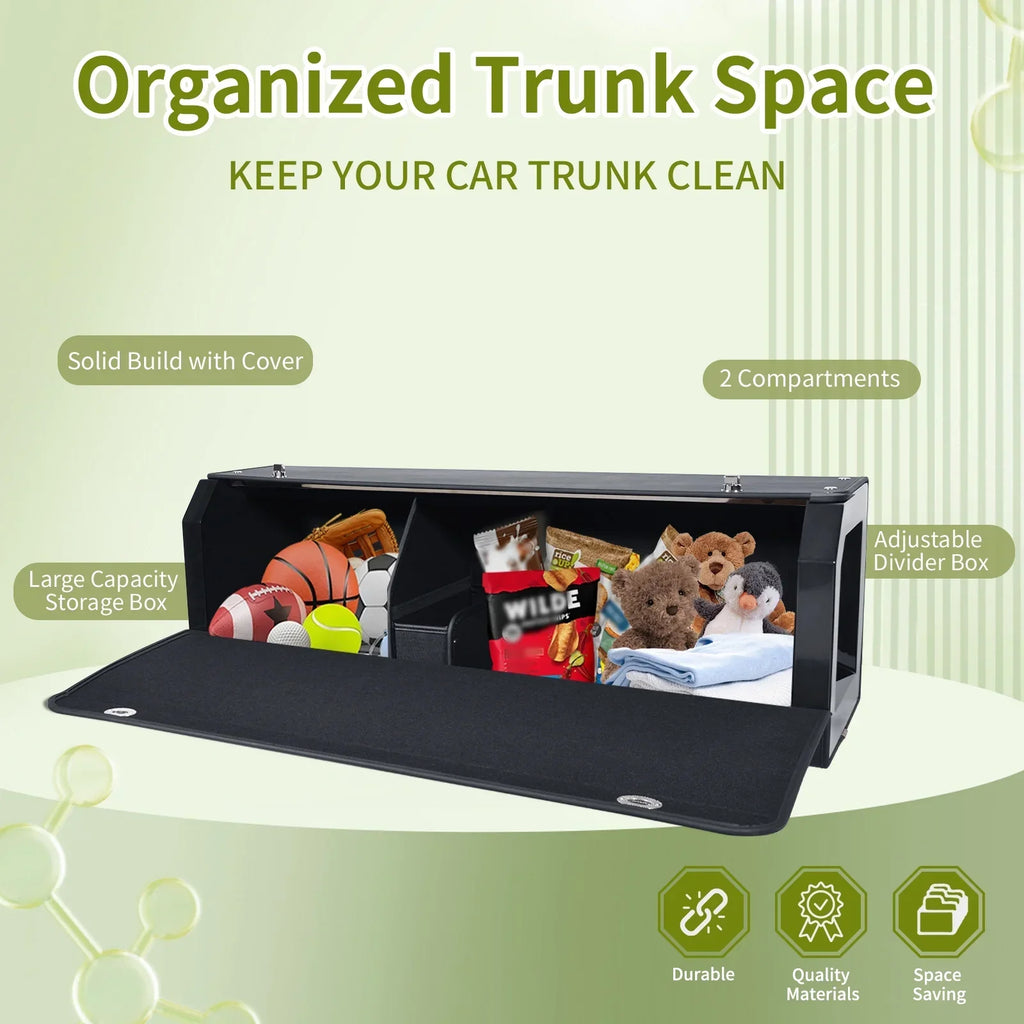 Car trunk organizer with 2 compartments, adjustable divider, and cover for clean, space-saving storage
