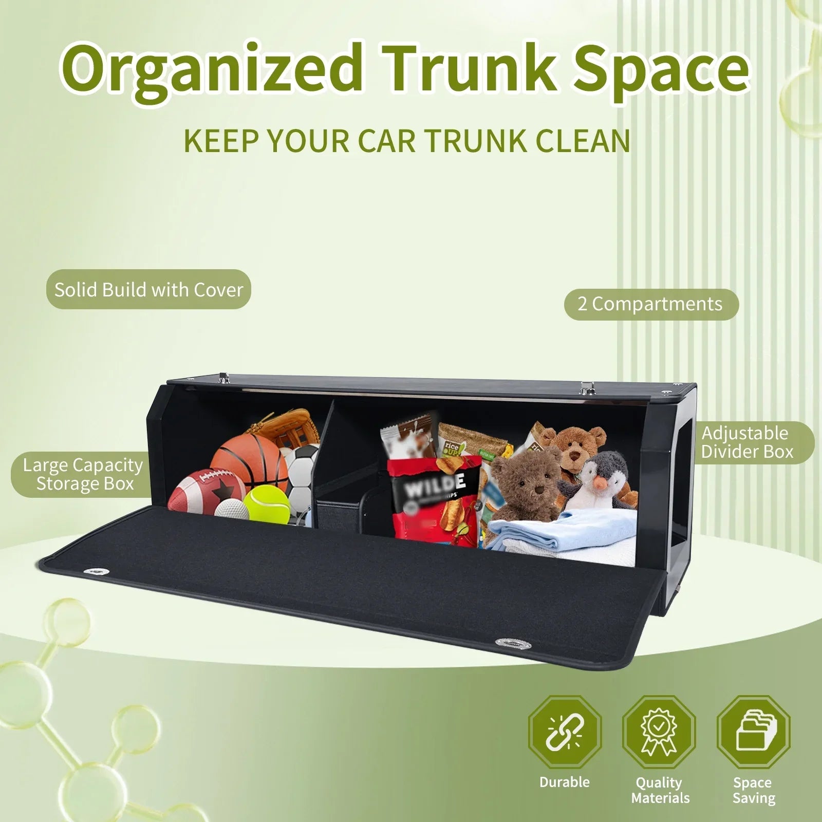 Car trunk organizer with 2 compartments, adjustable divider, and cover for clean, space-saving storage