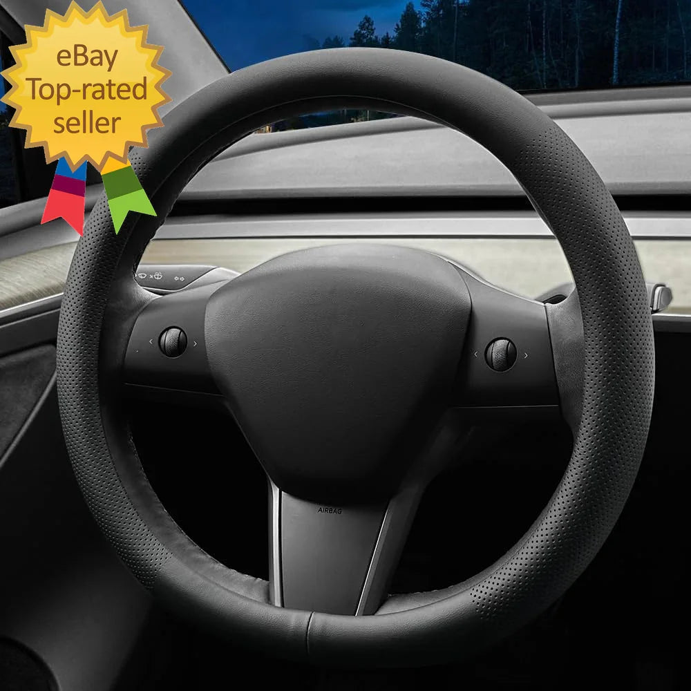 Black perforated leather steering wheel cover for car, universal fit, eBay top-rated seller