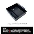 Black ABS armrest storage box for Tesla Model Y Launch & Model 3 Highland, textured interior