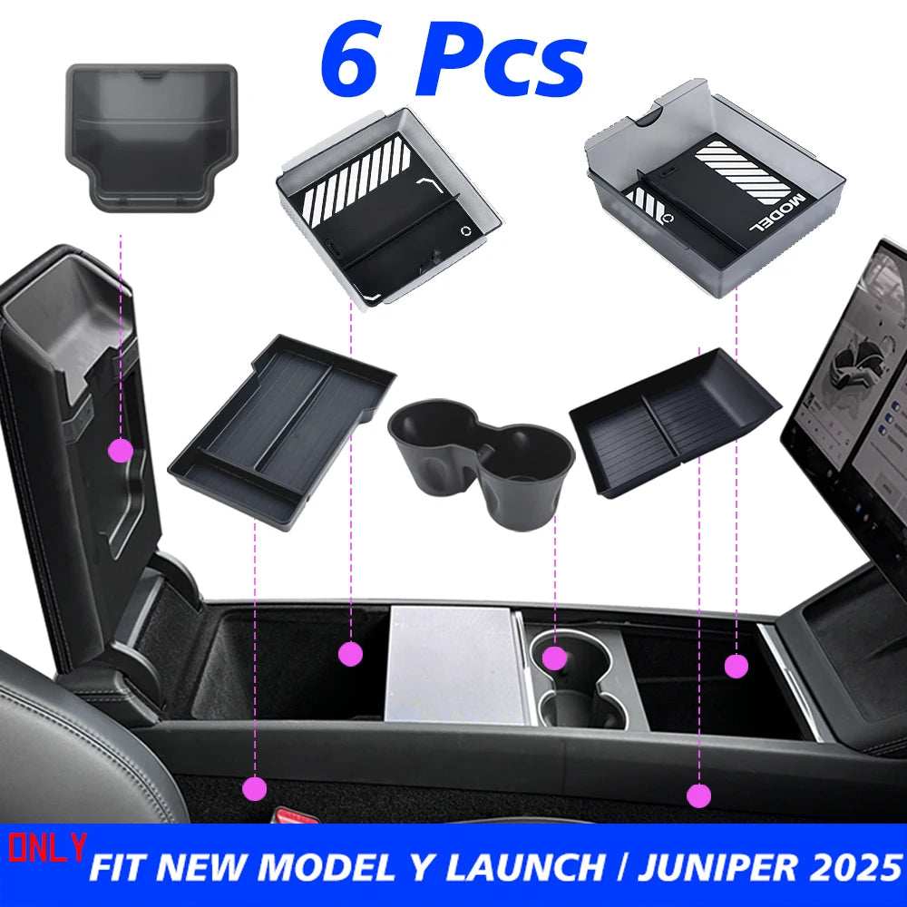 1/2/3/4/6/7/8Pcs for Tesla New Model Y 2025 Launch Juniper ABS with Silicone Non-Slip Mat Console & Armrest Storage Box Watercup