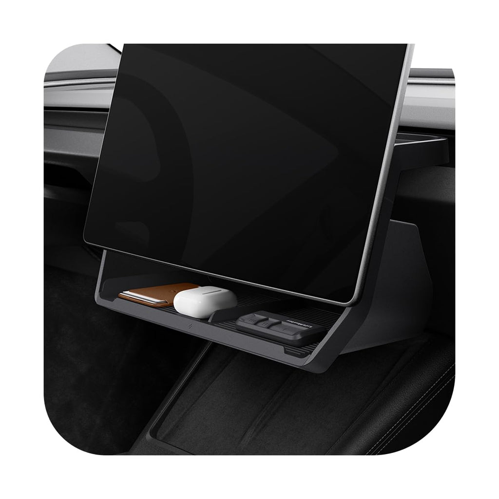 Spigen under-screen storage tray installed in Tesla dashboard