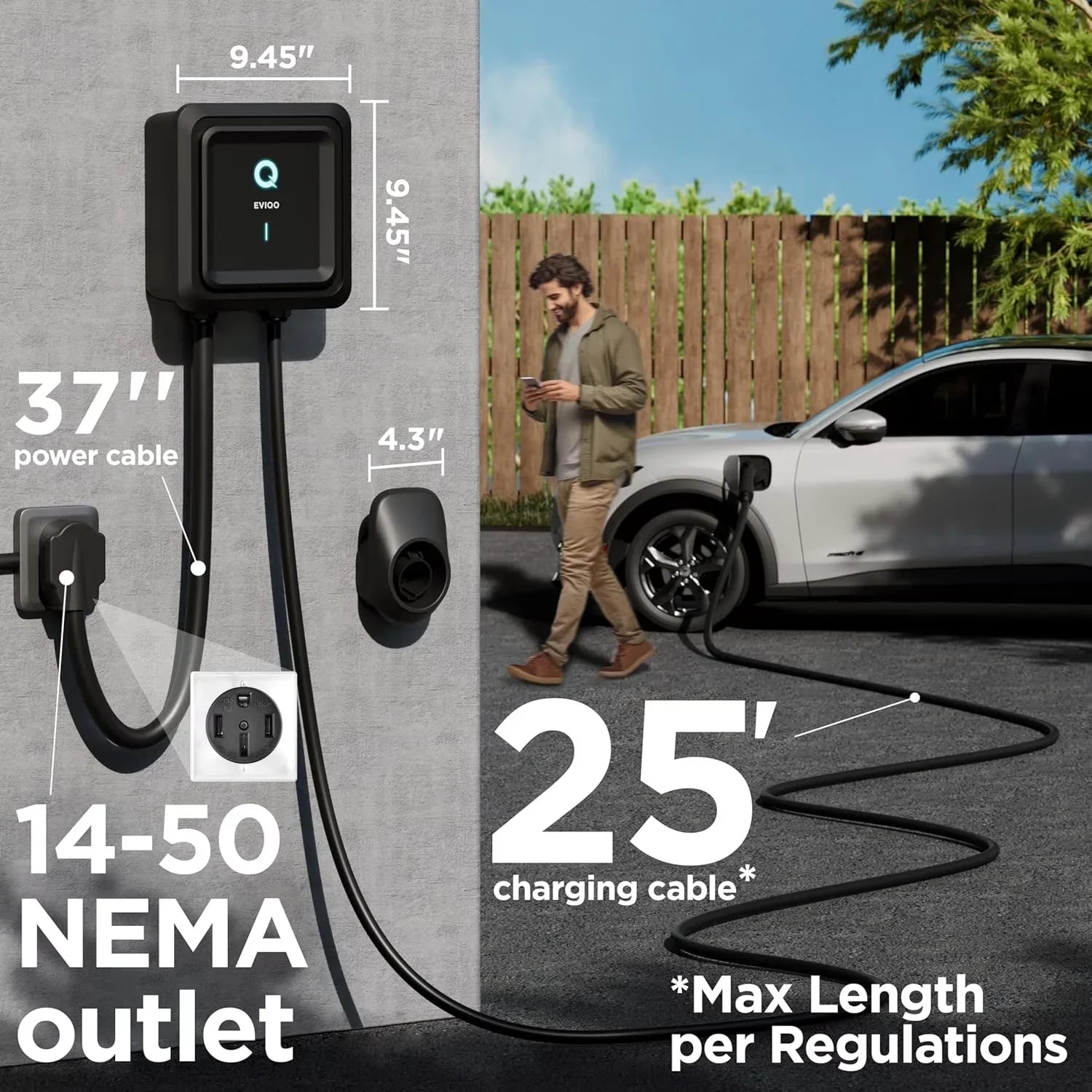EV charger with 25ft cable, 14-50 NEMA outlet, wall-mounted for home use