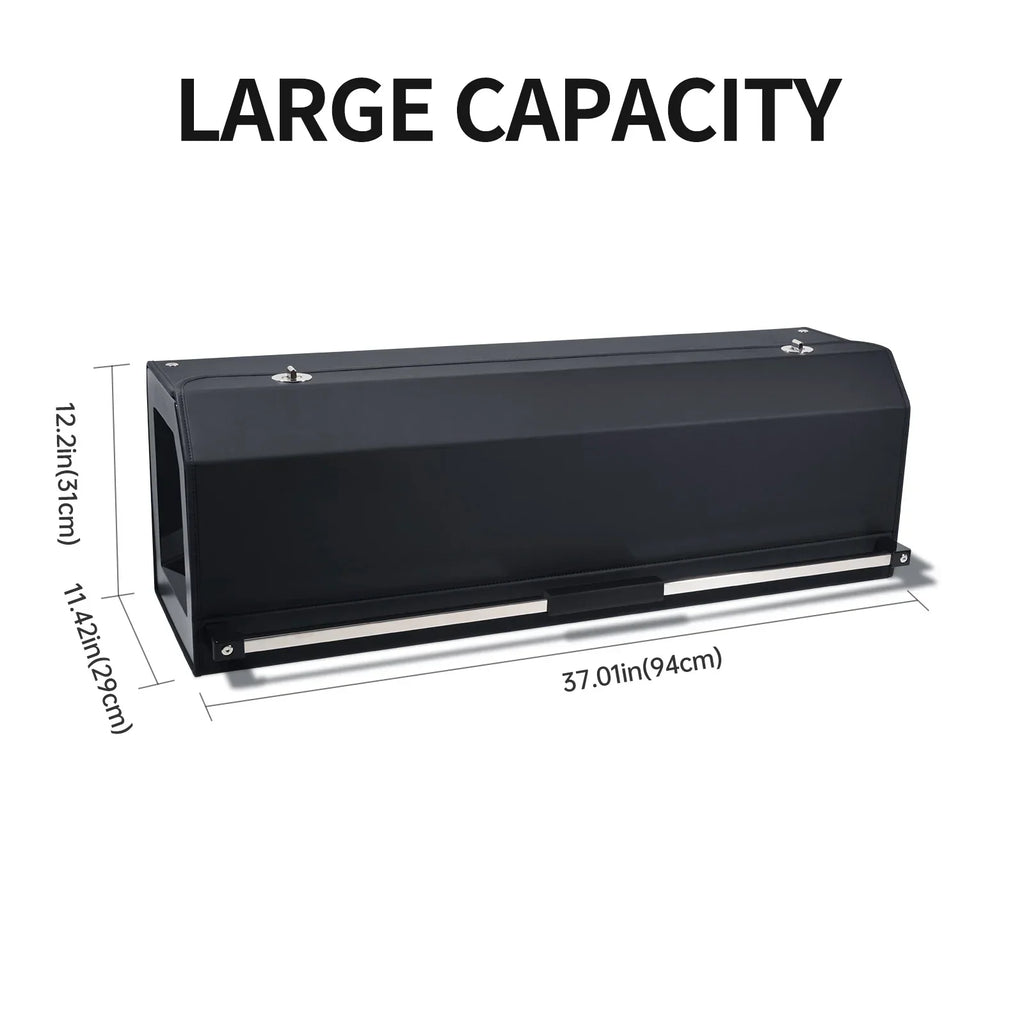 Large capacity black storage box with dimensions 37x12x11 inches, ideal for organized home or garage storage.