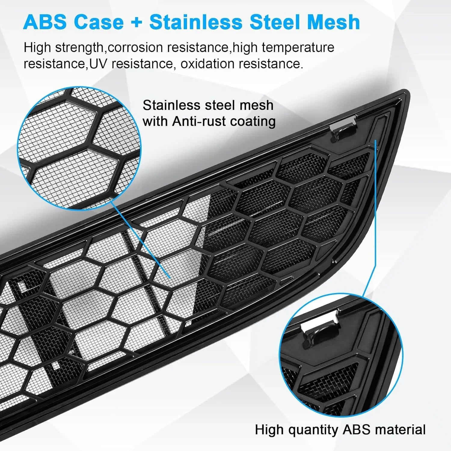 Black honeycomb grille with stainless steel mesh and ABS case, anti-rust coating, UV resistant