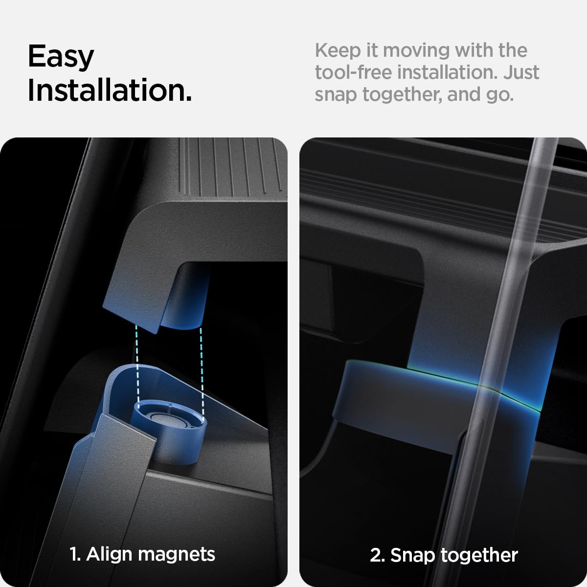 Magnetic tool-free installation of Spigen under-screen storage
