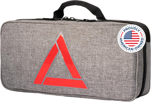 104-piece roadside emergency car kit with jumper cables in a gray bag