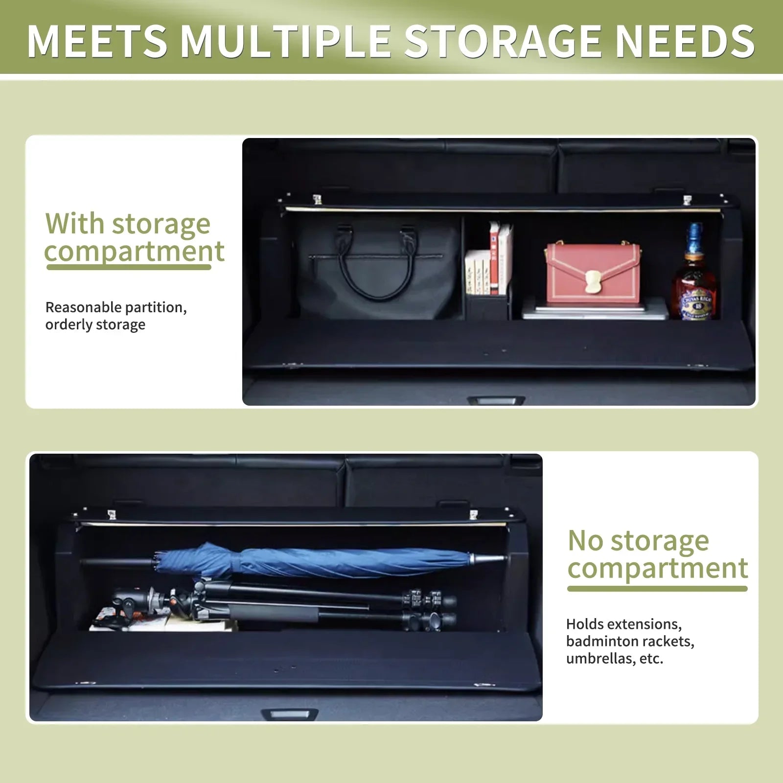 Organized car trunk storage with compartments for bags, books, and bottles; holds umbrellas, rackets, and extensions