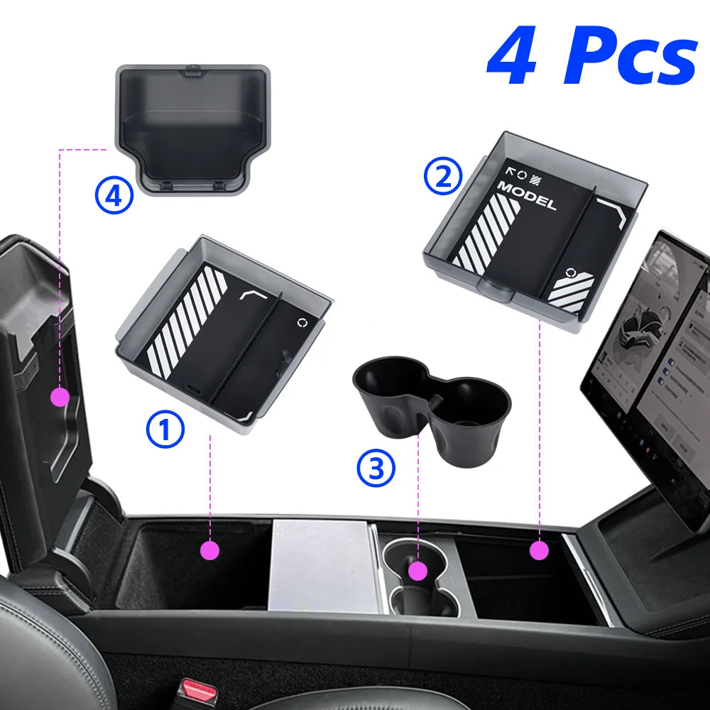 1/2/3/4/6/7/8Pcs for Tesla New Model Y 2025 Launch Juniper ABS with Silicone Non-Slip Mat Console & Armrest Storage Box Watercup