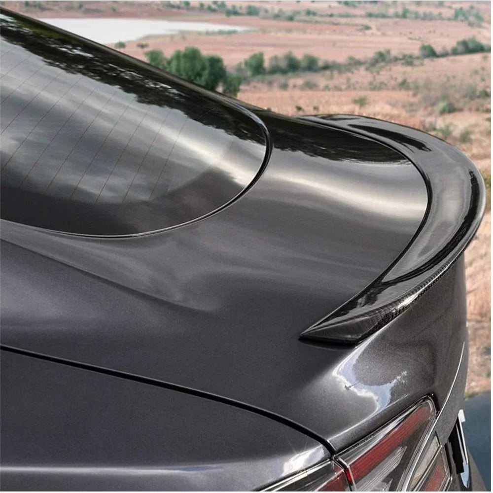Carbon fiber rear spoiler on sleek black car with scenic countryside background