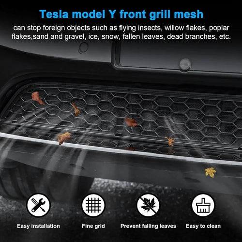 Tesla Model Y front grille mesh protector with fine grid, blocks leaves and debris, easy install and clean