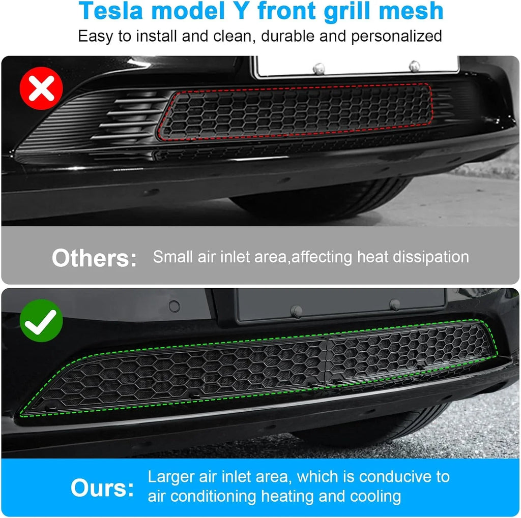 Tesla Model Y front grille mesh upgrade with larger air inlet for better cooling and heating performance