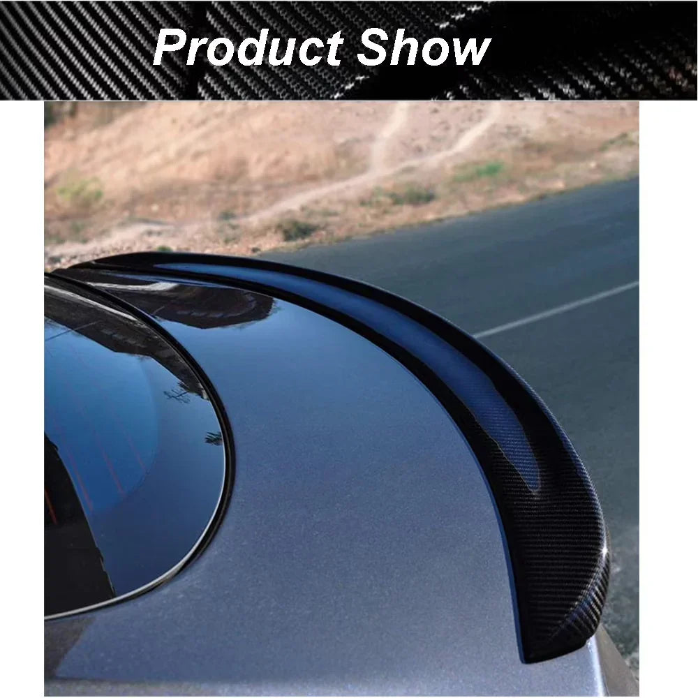Carbon fiber car rear spoiler on blue vehicle, sleek aerodynamic design for performance styling