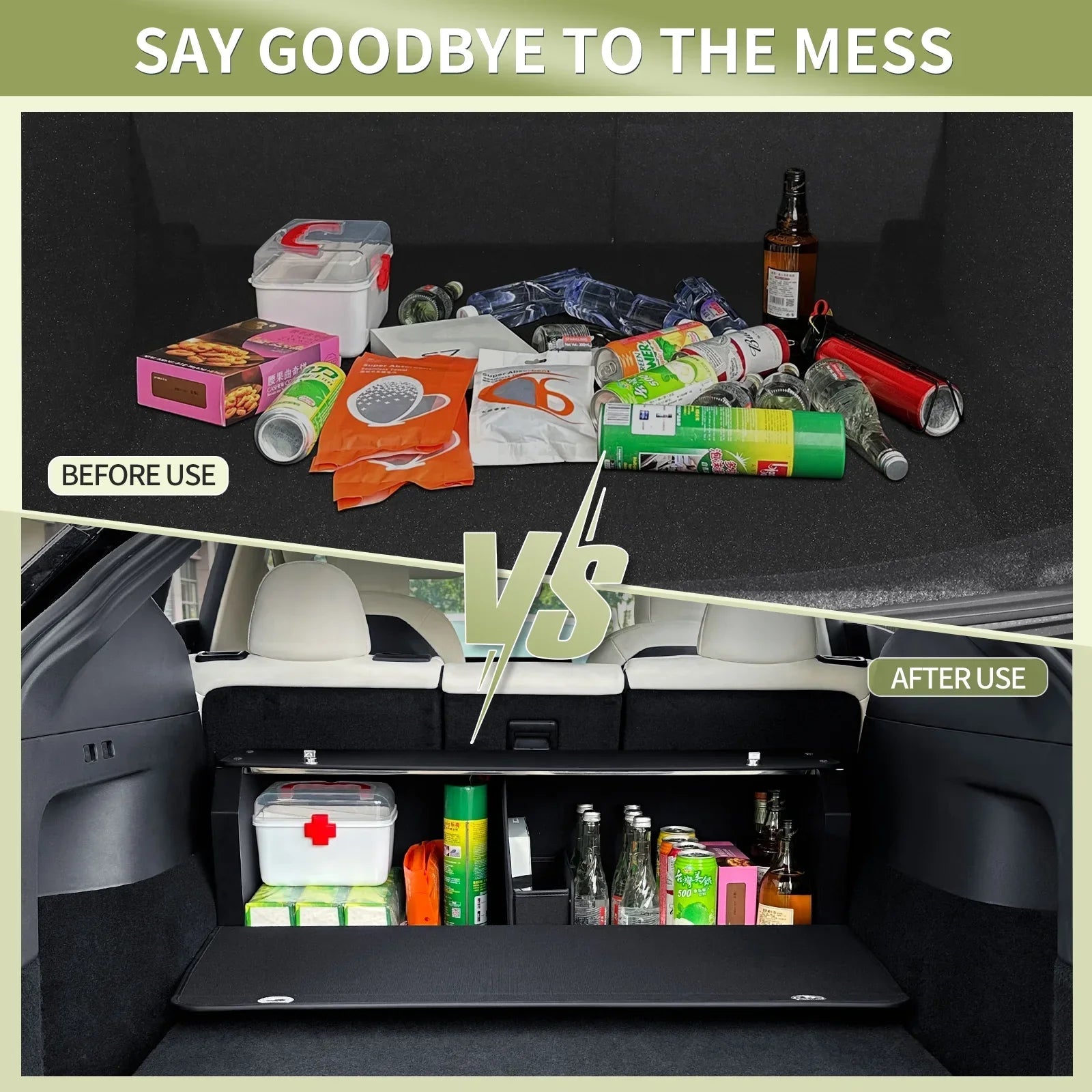 Car trunk organizer before and after use, showing tidy storage with bins and compartments for bottles, snacks, and supplies.