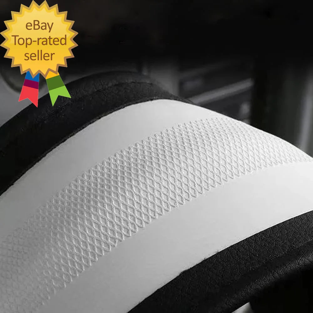 White textured car seatbelt pad with black edges, eBay top-rated seller badge shown