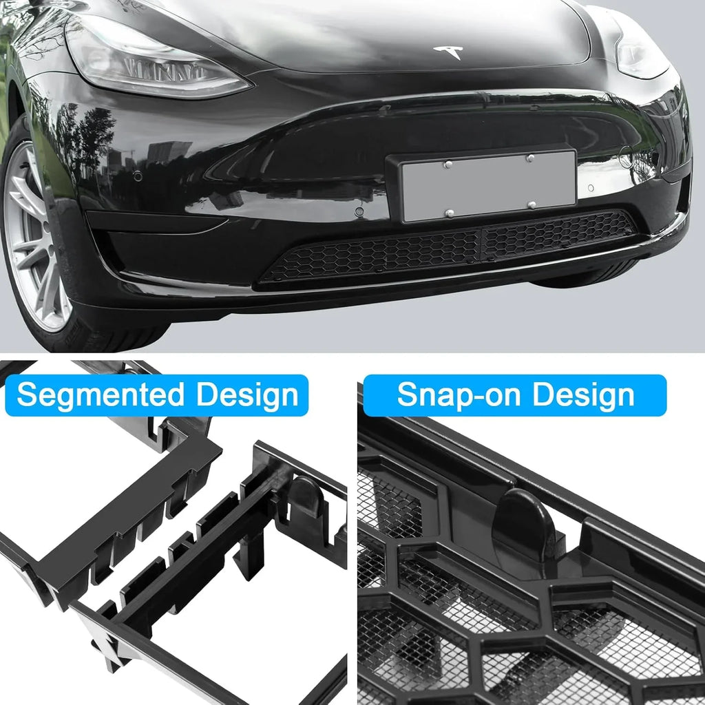 Tesla Model Y front bumper grille with segmented snap-on design, black honeycomb mesh accent