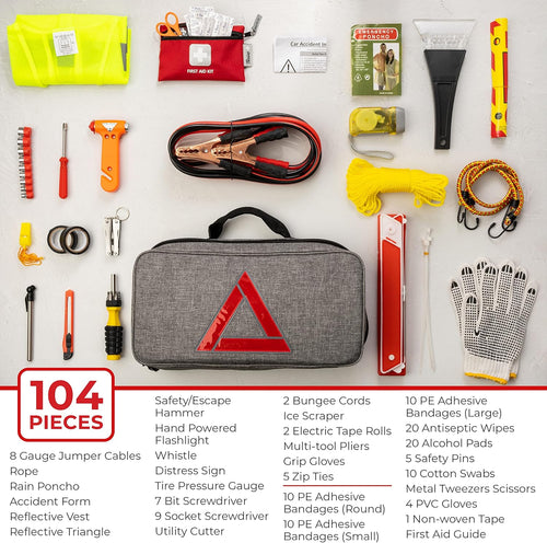 104-piece roadside emergency car kit with jumper cables in a gray bag