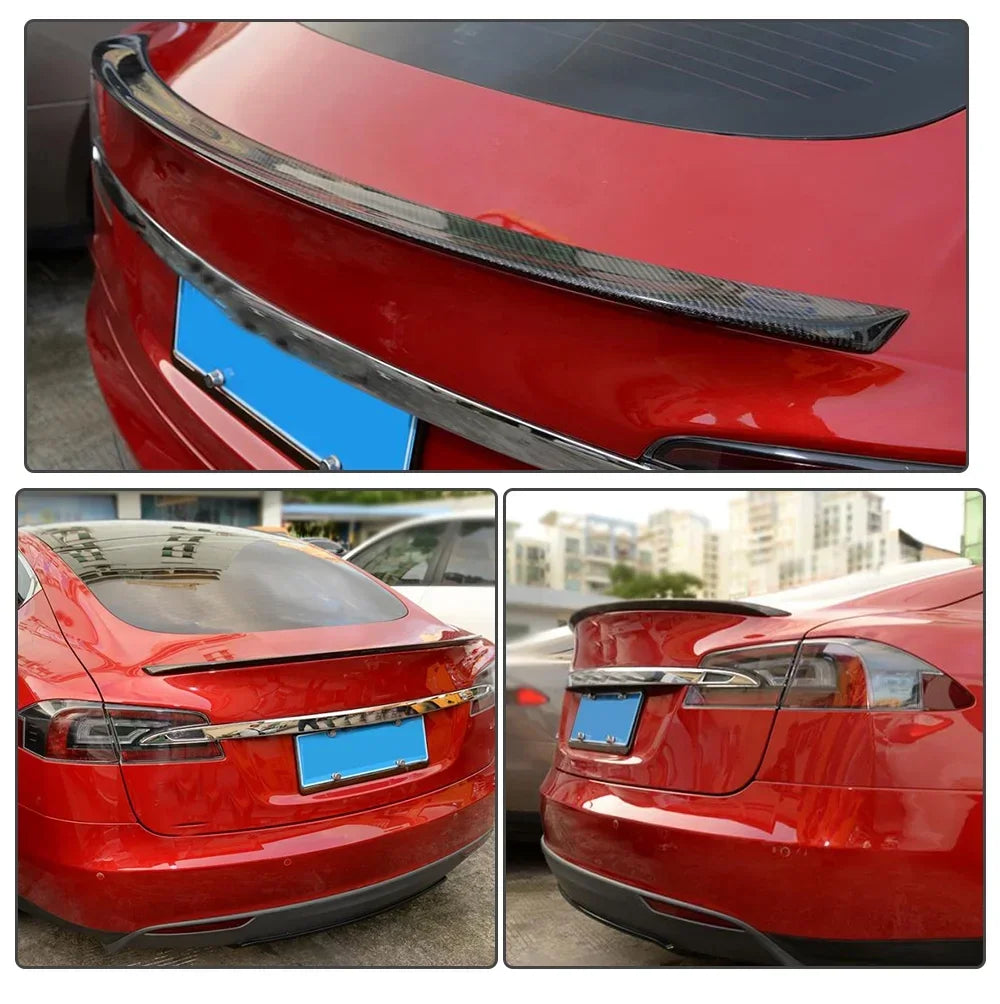 Carbon fiber rear trunk spoiler for red Tesla Model S, enhancing aerodynamics and sporty styling