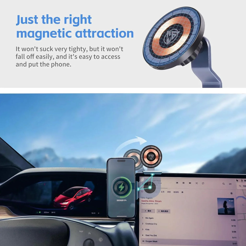 Magnetic car phone mount with wireless charging, perfect for dashboard use while driving