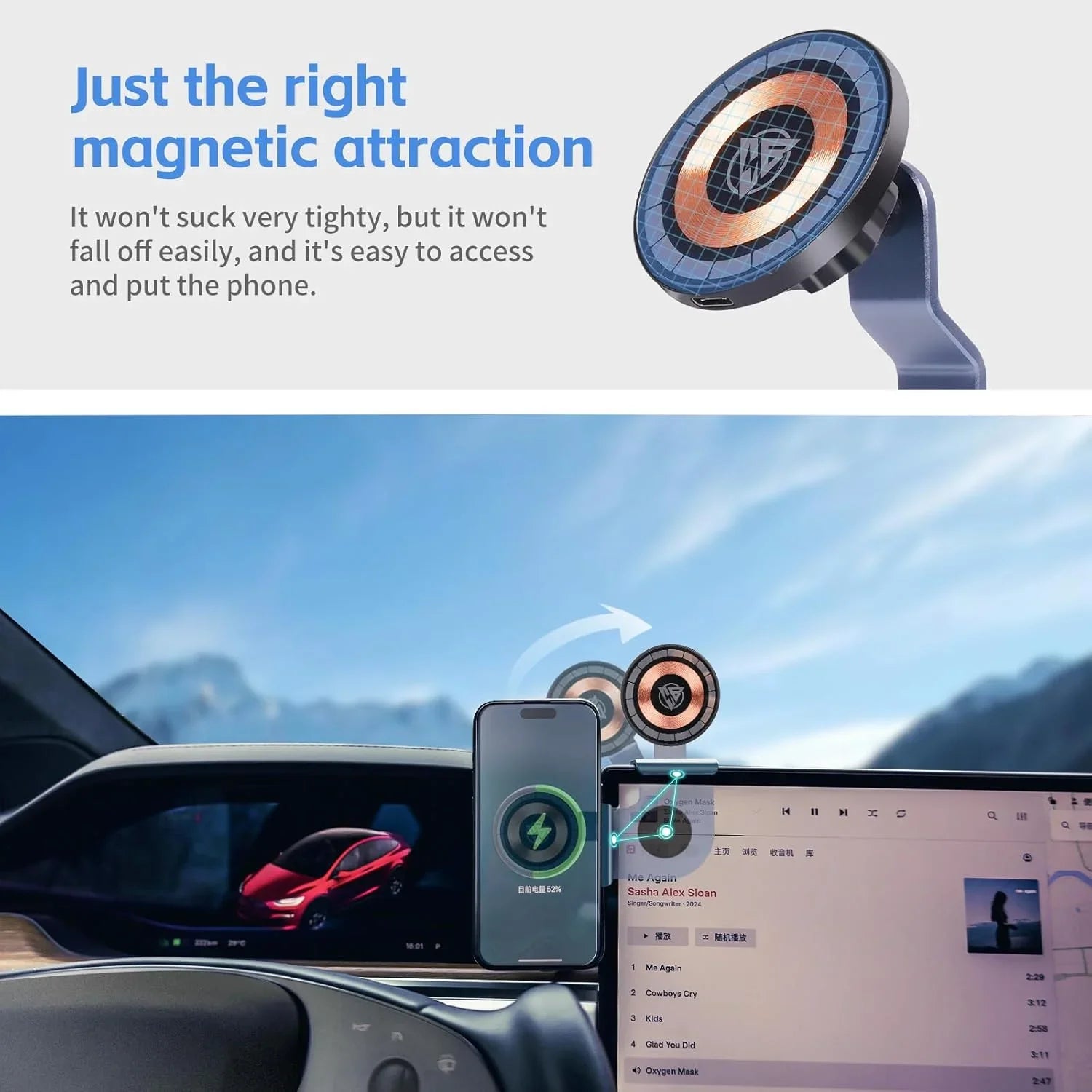 Magnetic car phone mount with wireless charging, perfect for dashboard use while driving