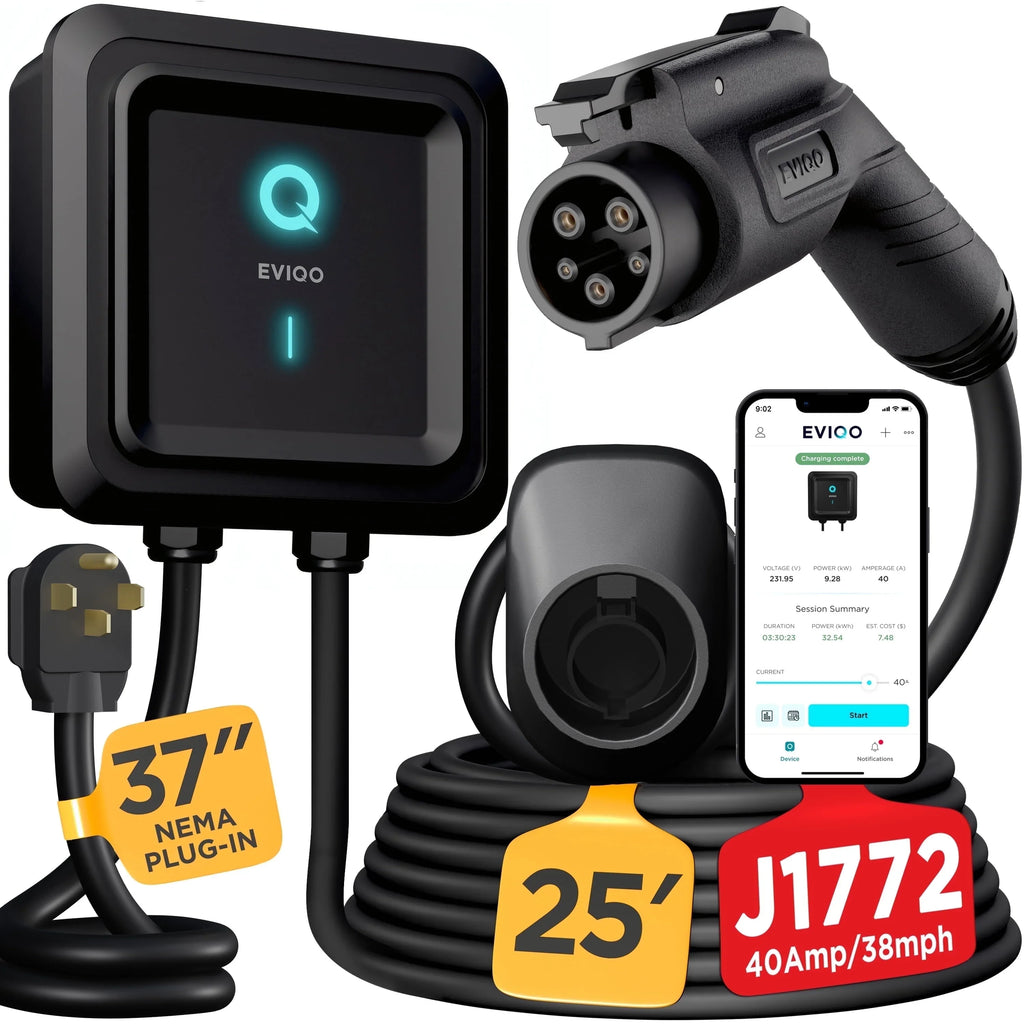 EVIQO 40Amp J1772 EV charger with 25ft cable, NEMA plug-in, and smart app control for electric vehicles