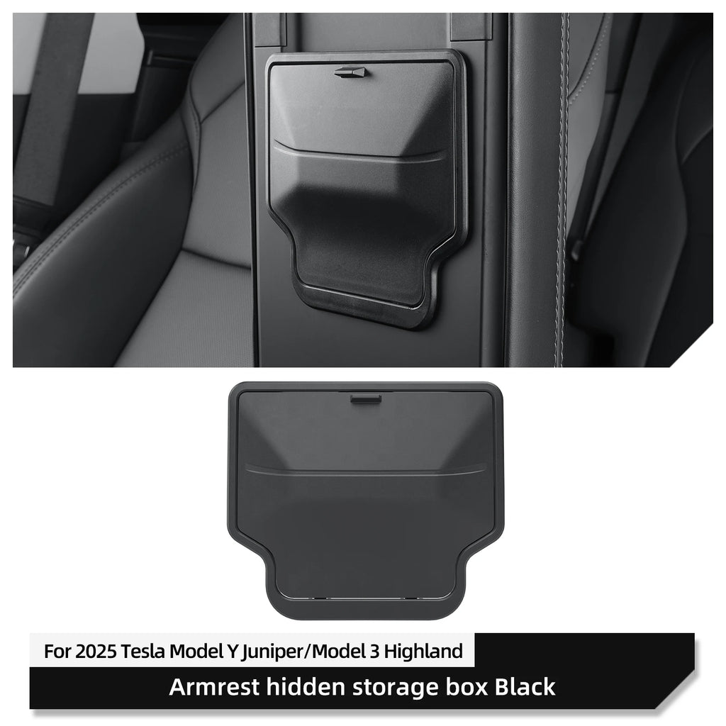 Black hidden armrest storage box installed in Tesla Model Y Juniper