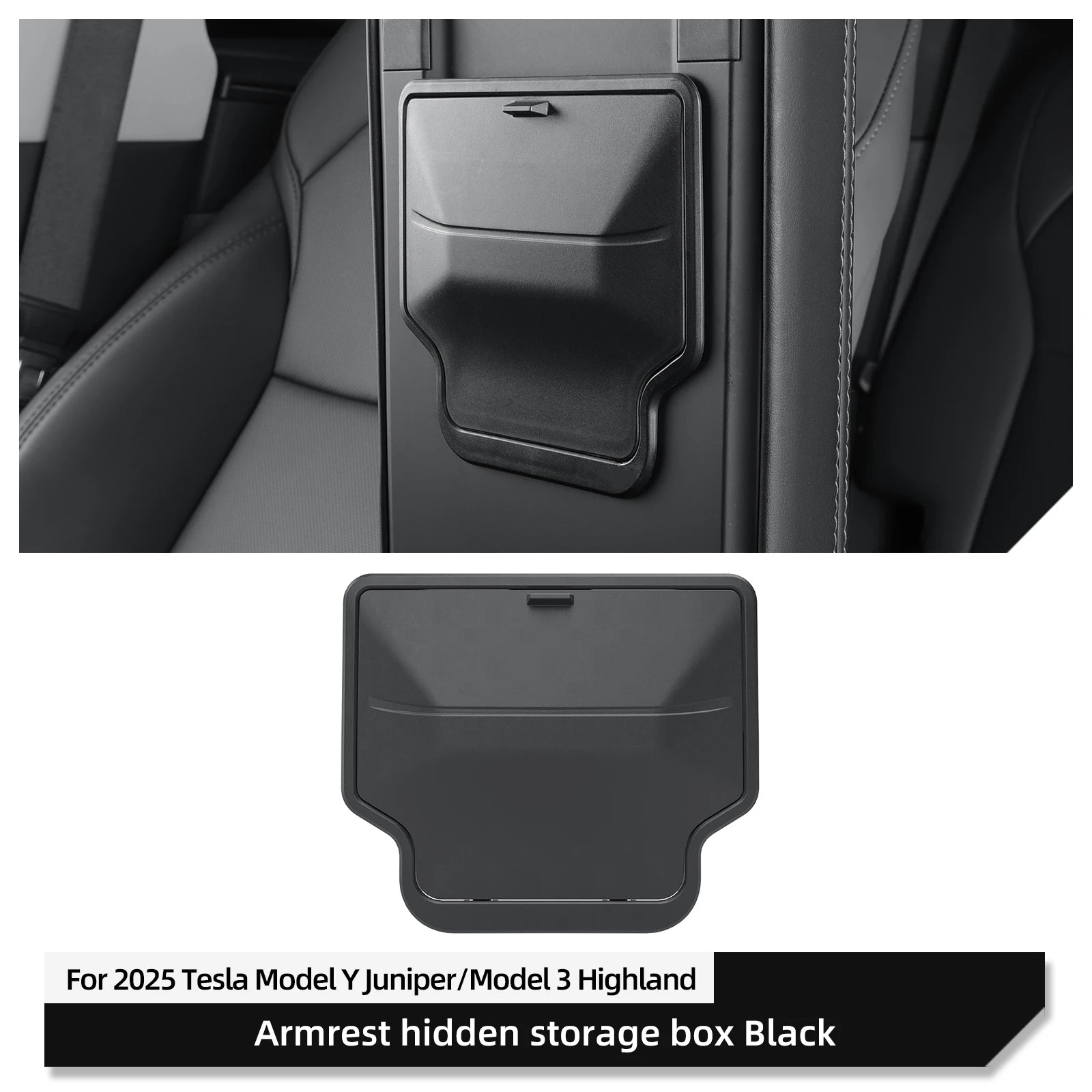 Black hidden armrest storage box installed in Tesla Model Y Juniper