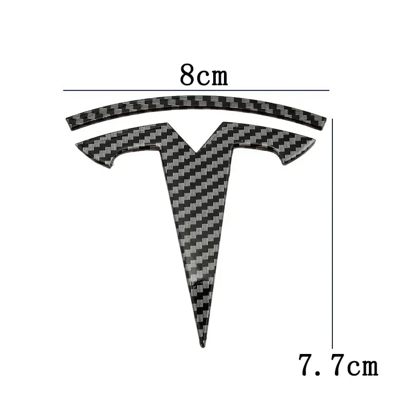 Tesla T emblem dimension diagram showing 8 by 7.7 cm size
