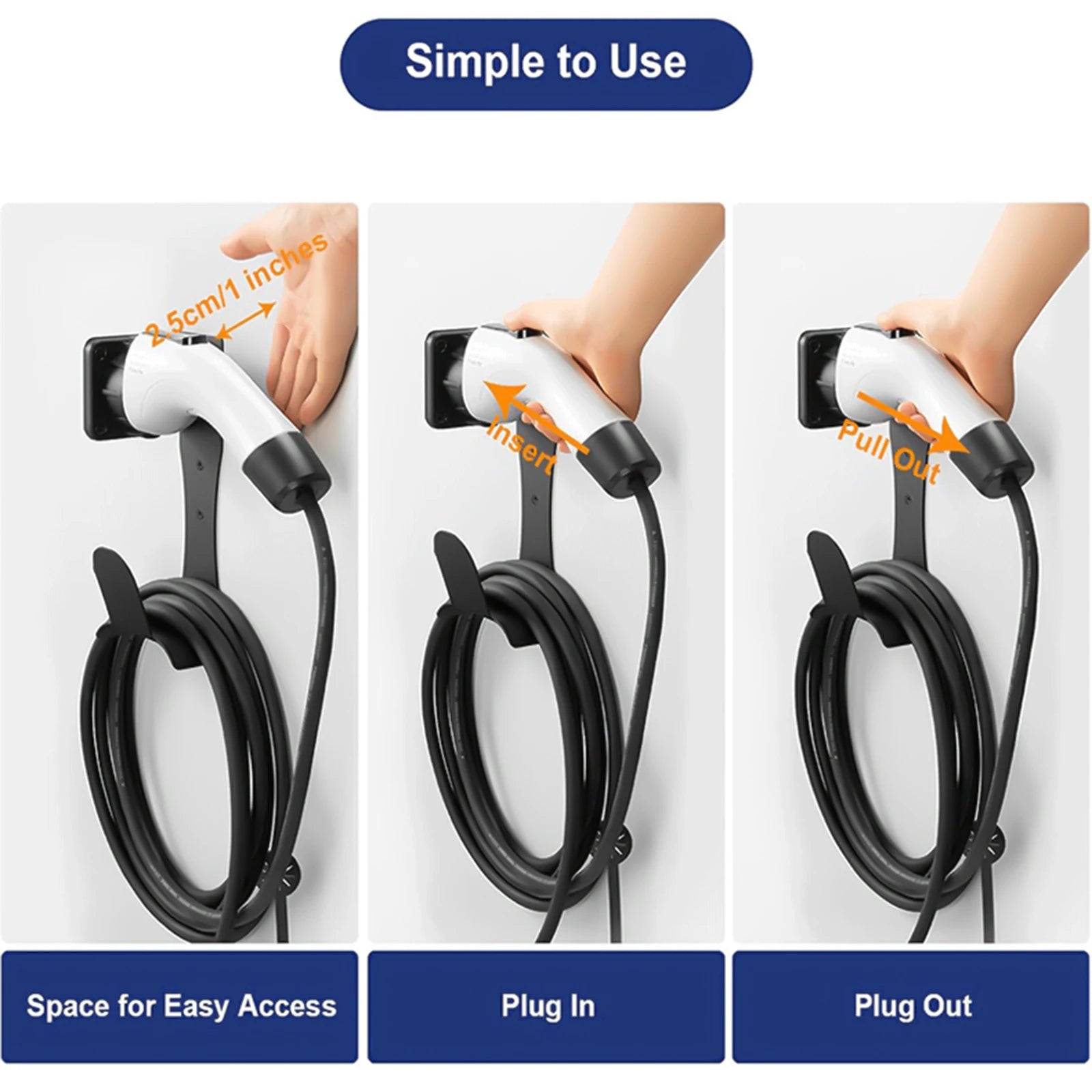 Plug in and plug out demonstration of the EV charger cable holder
