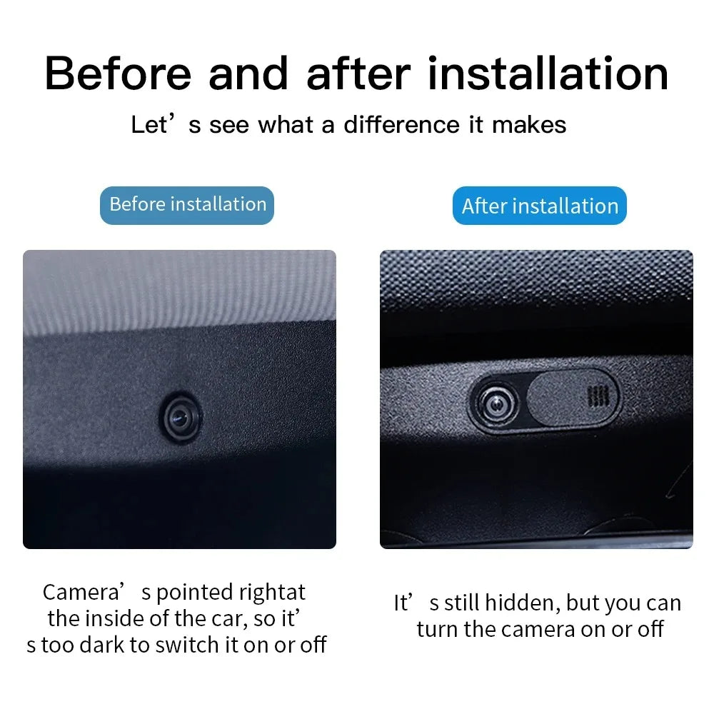 Tesla cabin camera before and after installing the slide privacy cover