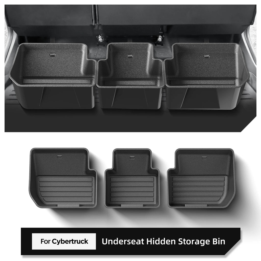 Cybertruck under-seat storage bin set shown installed and separated