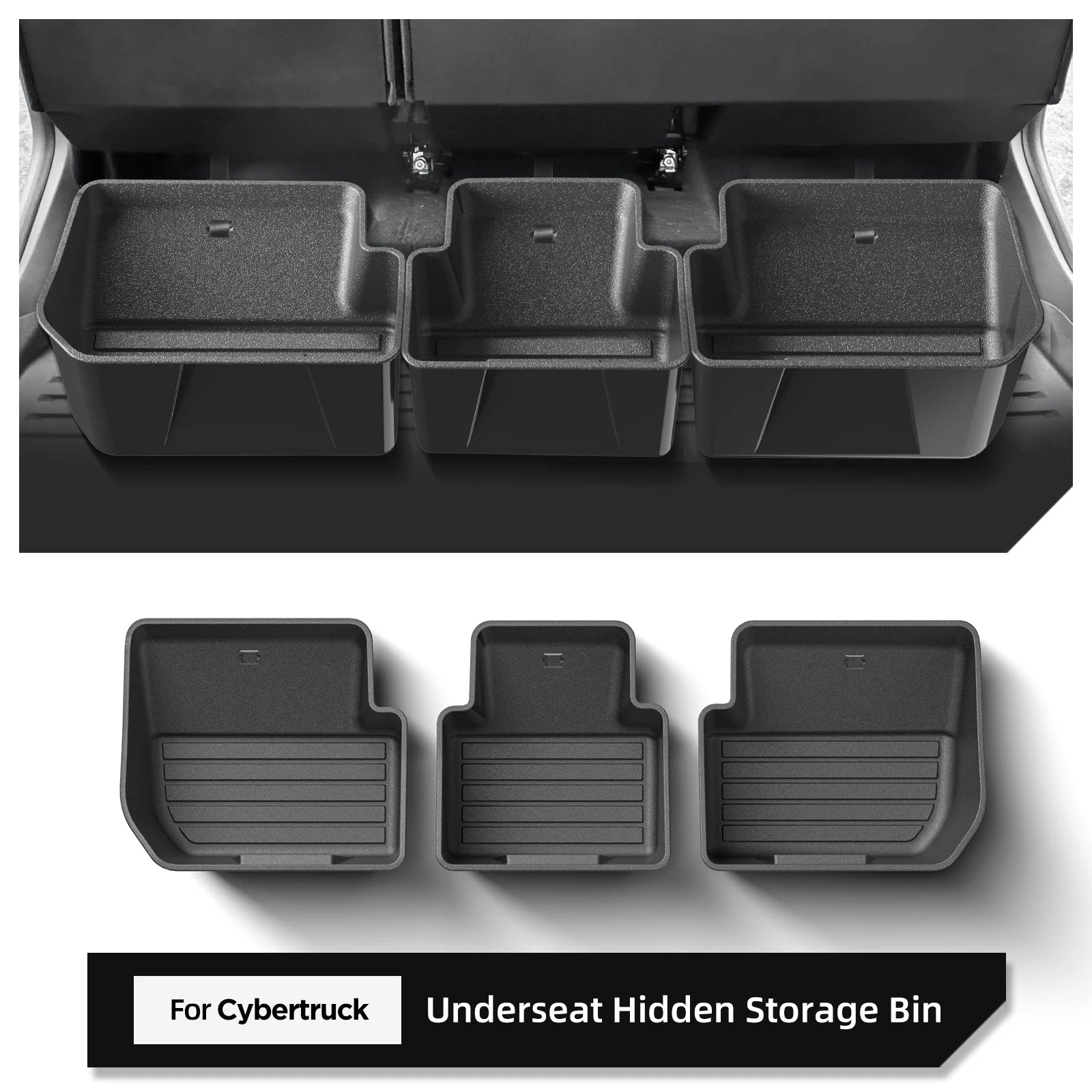 Cybertruck under-seat storage bin set shown installed and separated