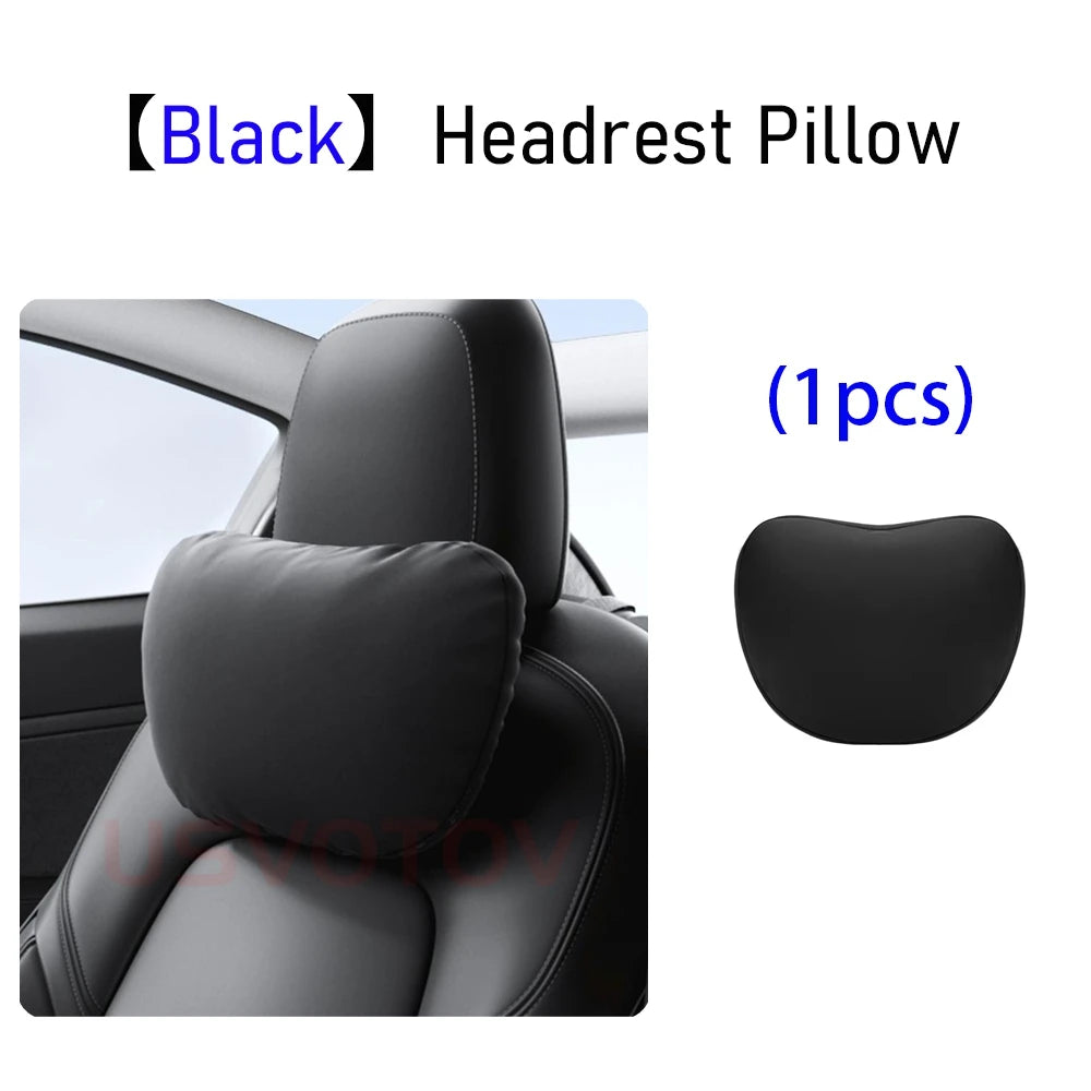 Black Tesla headrest neck pillow shown as single and pair