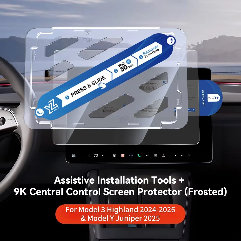 Assistive press-and-slide installation tool for Tesla screen protector