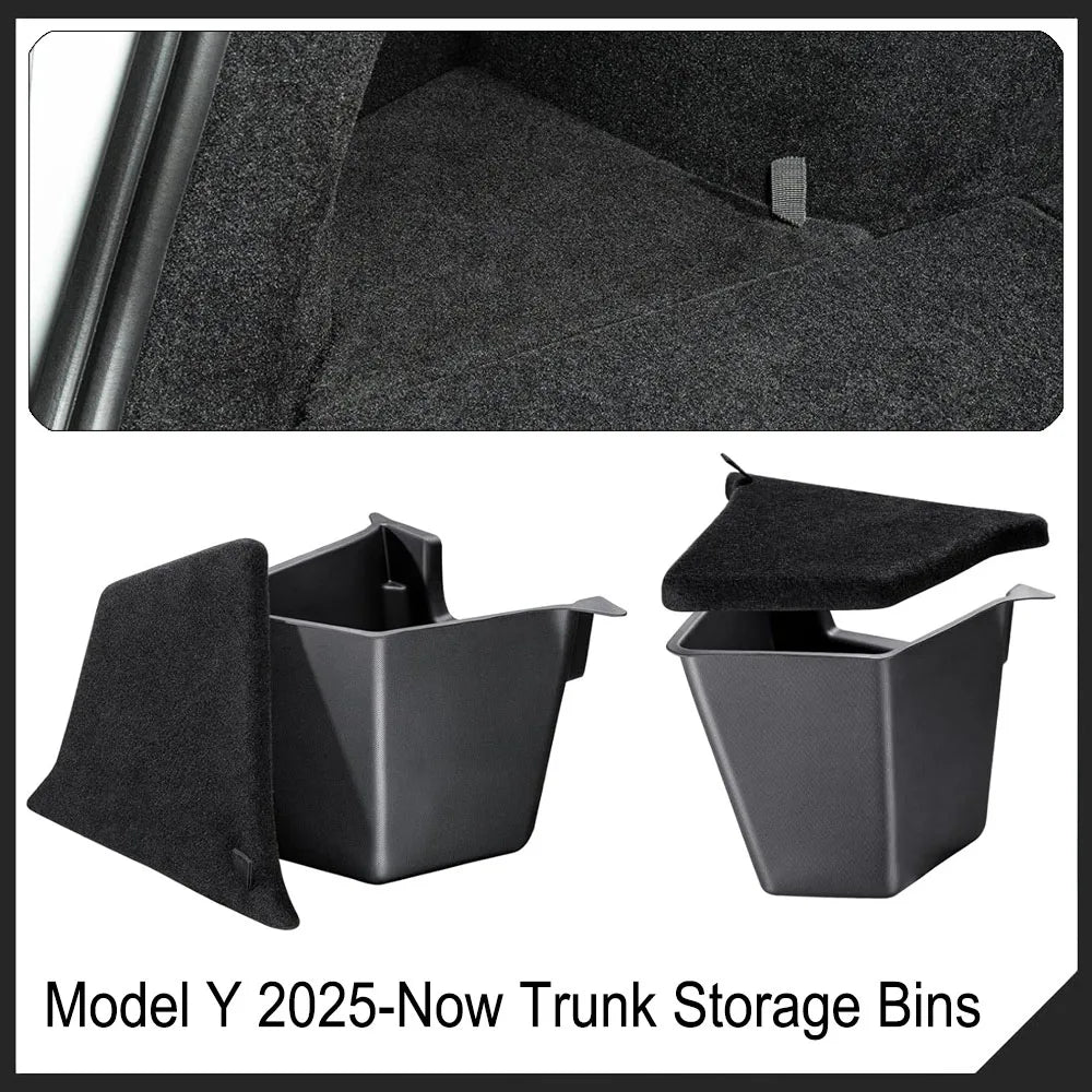 Tesla Model Y Juniper rear trunk side storage bins with lids open and closed