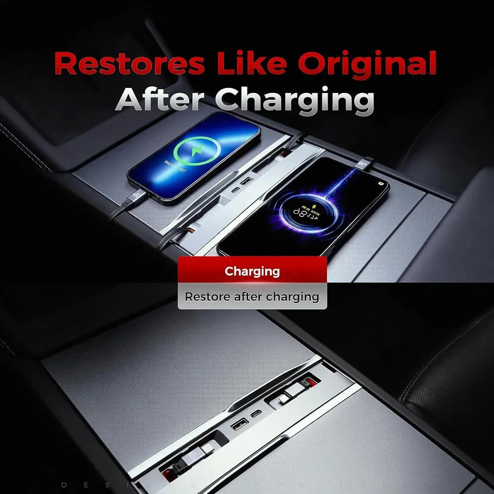 Tesla center console charging dock installed under sliding cover