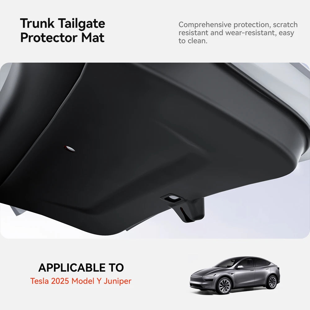 Tesla Model Y Juniper trunk tailgate protector mat shown on the inner door