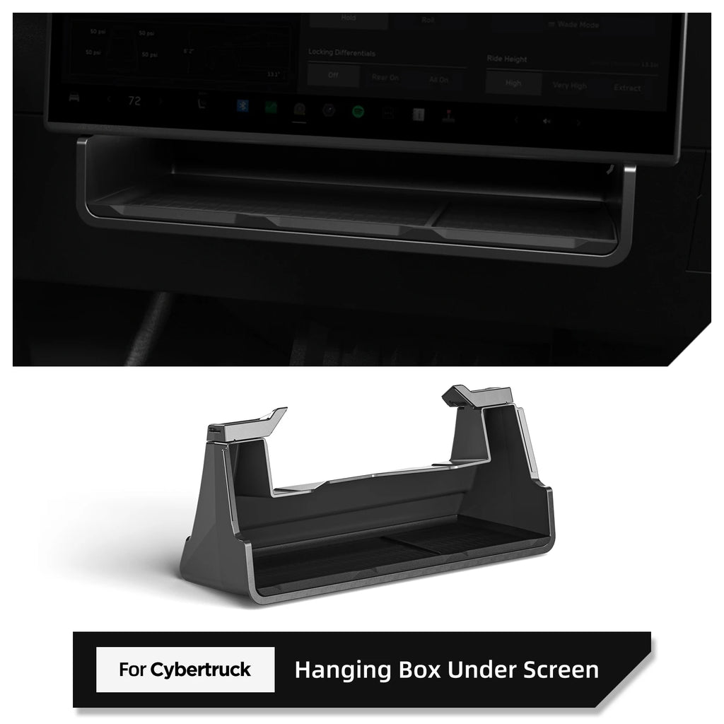 Cybertruck under-screen tray installed beneath the center display