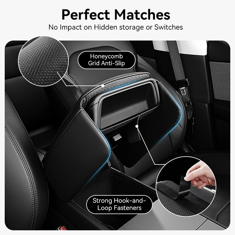 Tesla armrest cover with anti-slip grid and hook-and-loop fasteners