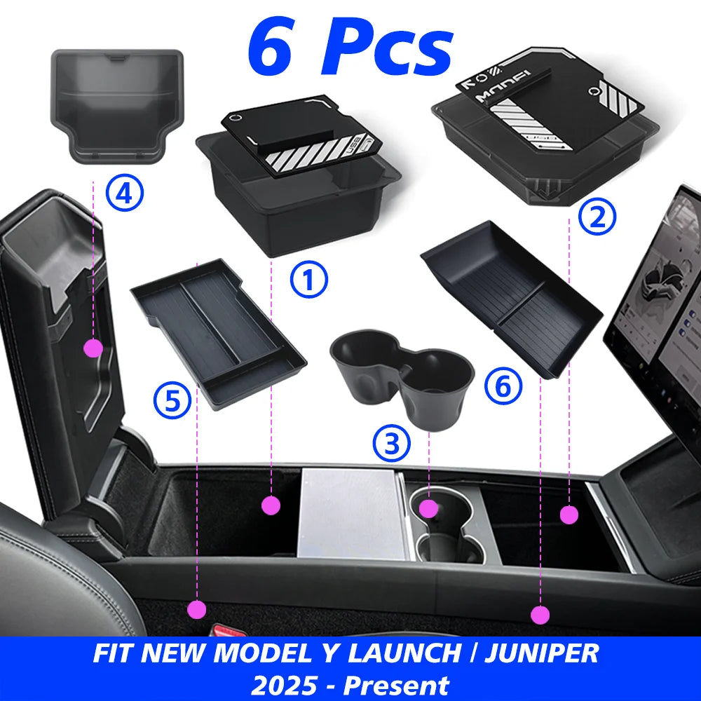 Tesla Model Y Launch Juniper armrest and console storage boxes in place