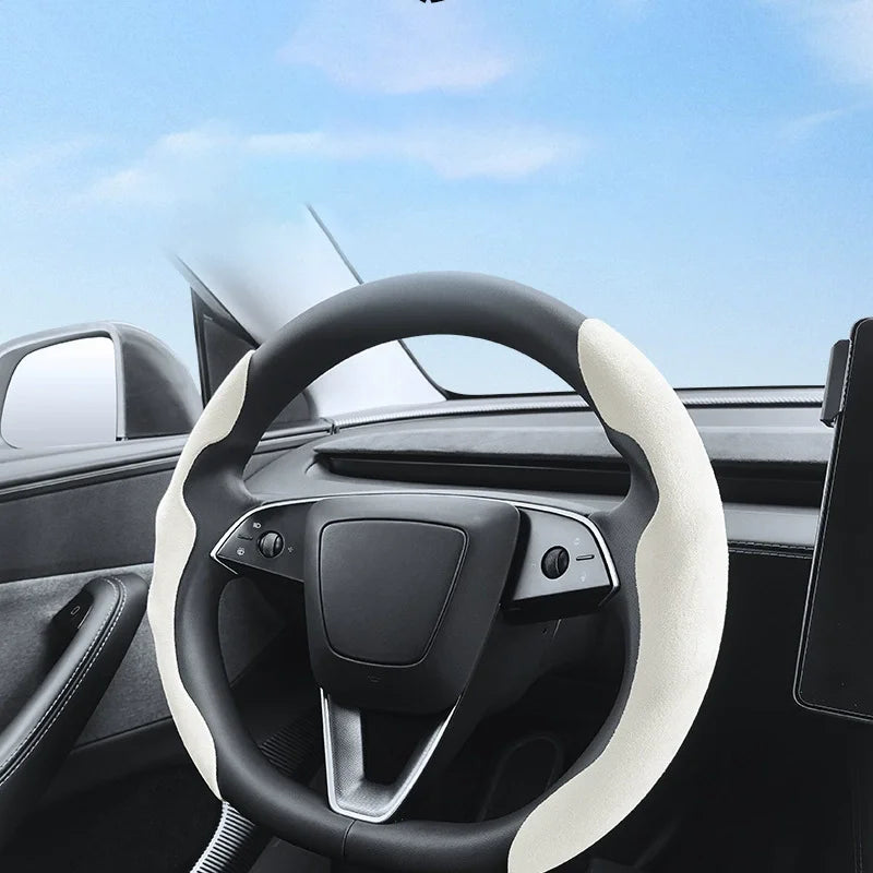 Tesla steering wheel cover installed interior daylight view
